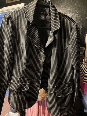 T. Milano Black Pinstripe Blazer with White Stripes